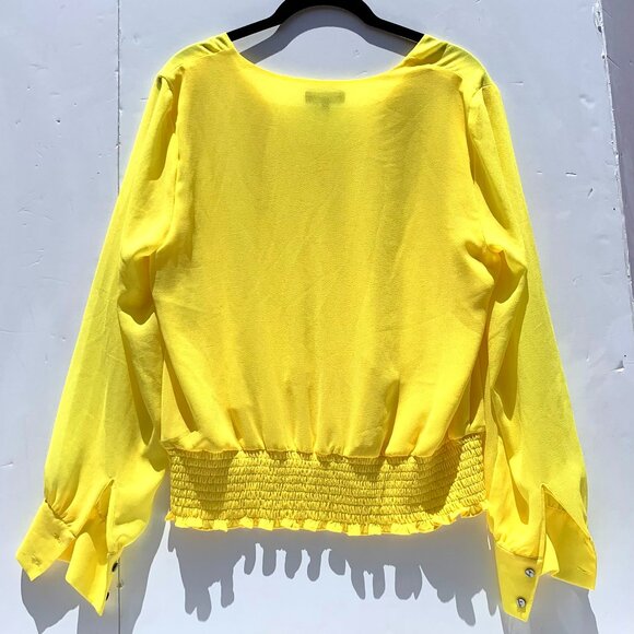 Women’s 1. STATE Yellow Long Sleeve V-Neck Blouse, Smocked Waist, Size M - Picture 2 of 8